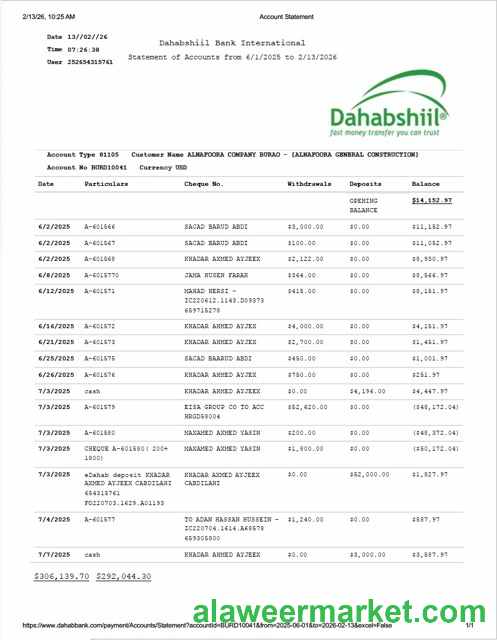 Somalia Dahabshiil Bank International account statement Word and PDF template
